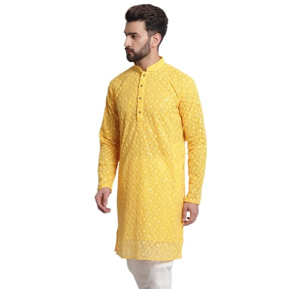 Men Chikankari Georgette Yellow Color Kurta Full Sleeve Knee Length Kurta - Picture 2 of 6